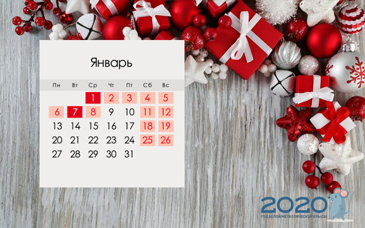 Kalender der Neujahrsferien und Wochenenden in Russland für Januar 2020